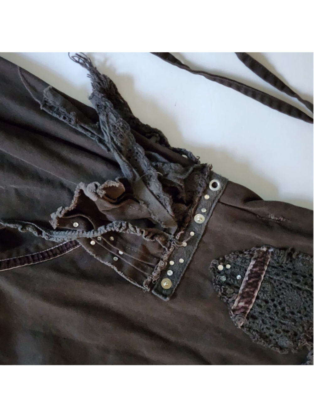 Spirit Vintage Y2K Brown Whimsigoth Fairy Grunge Asymmetric Patchwork Midi Skirt - Picture 7 of 16